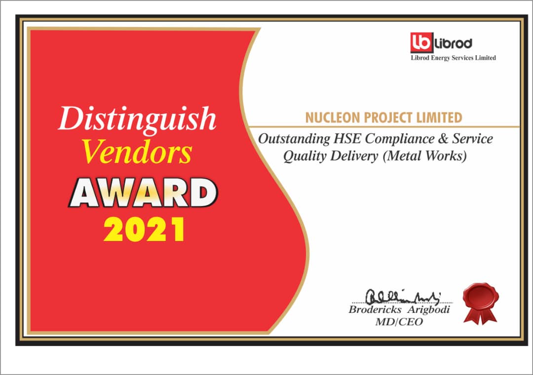 Image of distinguish vendors award recieved by Nucleon Project Limited for outstanding HSE Compliance and Quality Service Delivery (Metal Works)